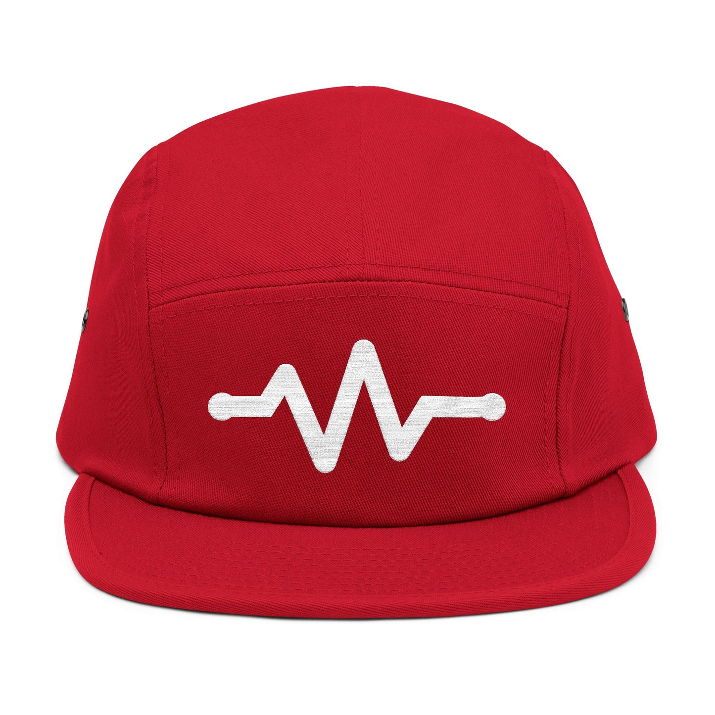 Red cap with a white wave design on a white background. Minimal pulse line embroidered on red five-panel cap. TEEZOCA