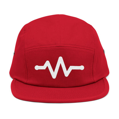 Red cap with a white wave design on a white background. Minimal pulse line embroidered on red five-panel cap. TEEZOCA