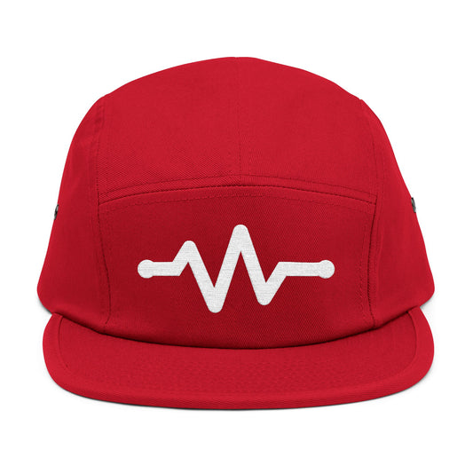 Red cap with a white wave design on a white background. Minimal pulse line embroidered on red five-panel cap. TEEZOCA