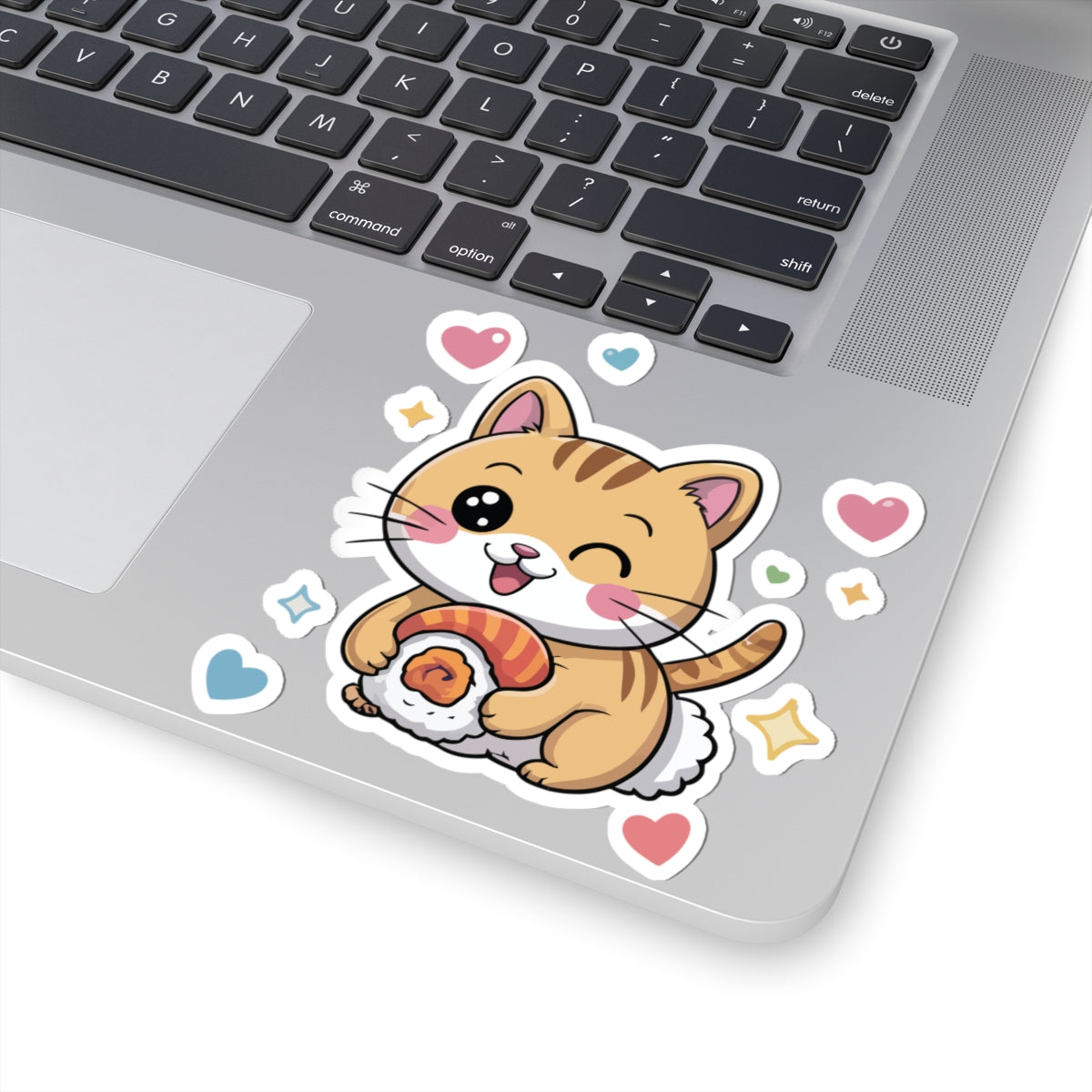 TEEZOCA cute sushi cat sticker showing a kawaii smiling cat holding sushi with hearts