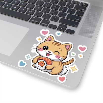 TEEZOCA cute sushi cat sticker showing a kawaii smiling cat holding sushi with hearts