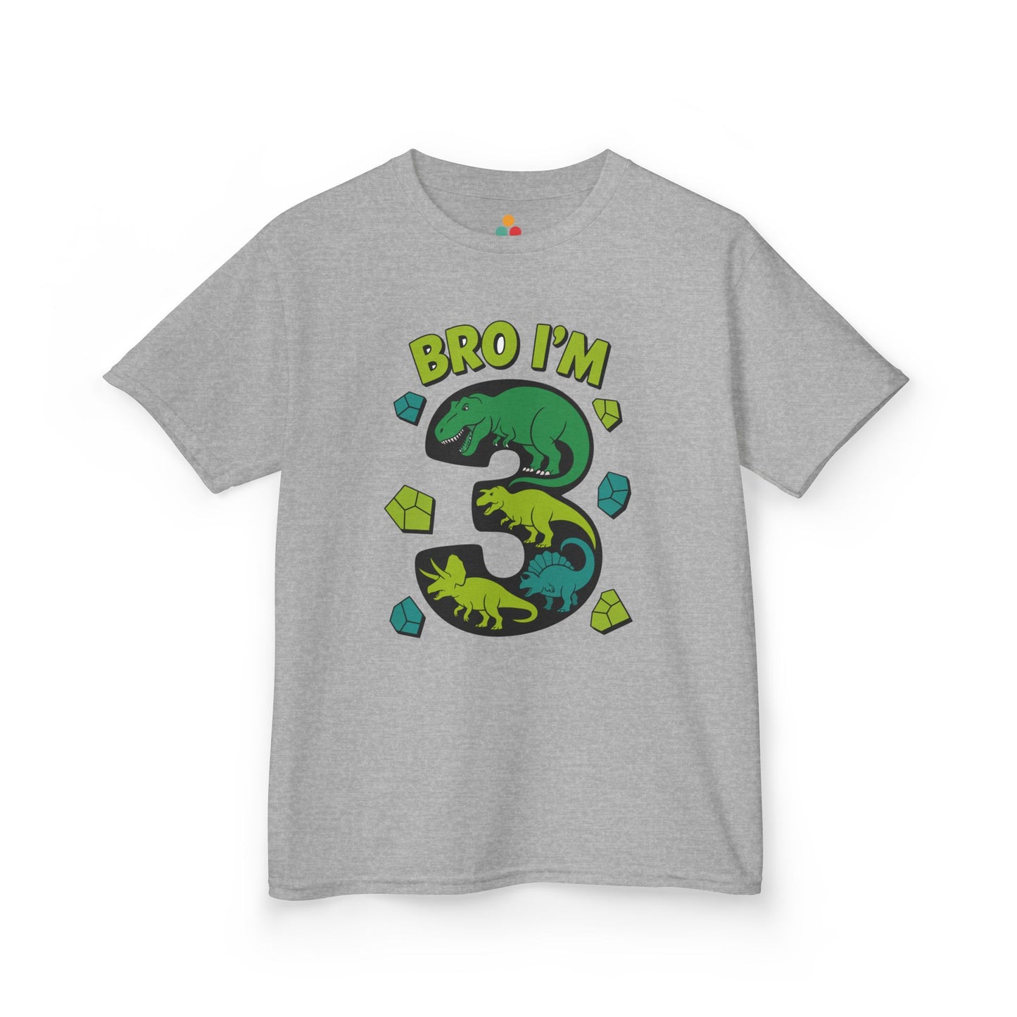 "Heather gray  'Bro I'm 3' kids shirts with colorful dinosaur number 3 design, flat front view."

