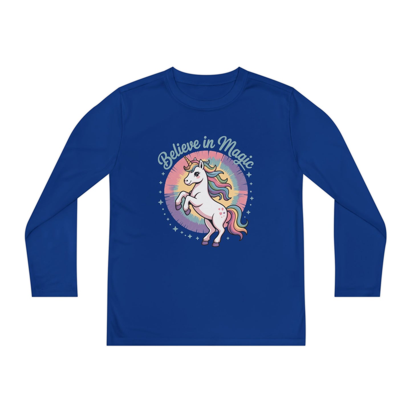 Youth Long Sleeve Tee – "Believe in Magic" Rainbow Unicorn Graphic TEEZOCA