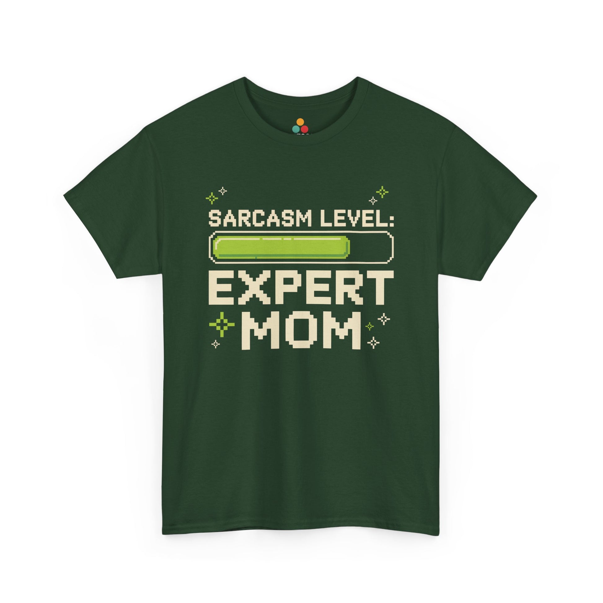 TEEZOCA green “Sarcasm Level: Expert Mom” pixel art mom graphic tee shown flat.