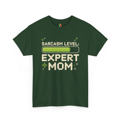 TEEZOCA green “Sarcasm Level: Expert Mom” pixel art mom graphic tee shown flat.