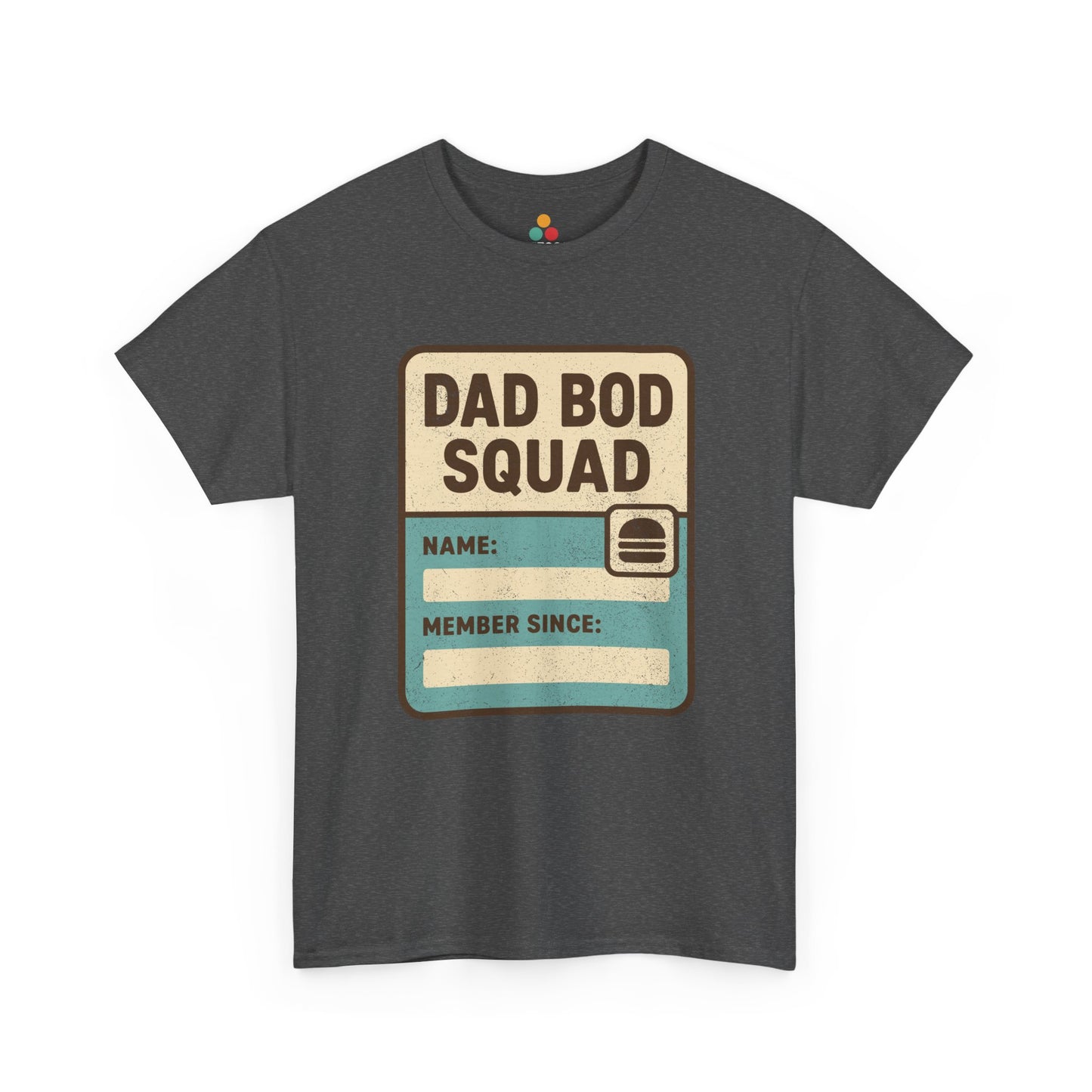  gray: Dark heather gray t‑shirt with distressed “Dad Bod Squad” badge graphic, flat front view.