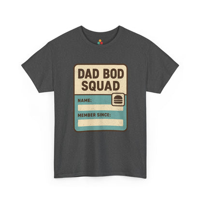  gray: Dark heather gray t‑shirt with distressed “Dad Bod Squad” badge graphic, flat front view.