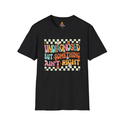 Black t-shirt with colorful text design on a white background