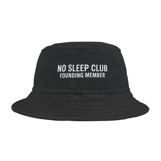 Funny black bucket hat with 'No Sleep Club Founding Member' text on a white background. TEEZOCA