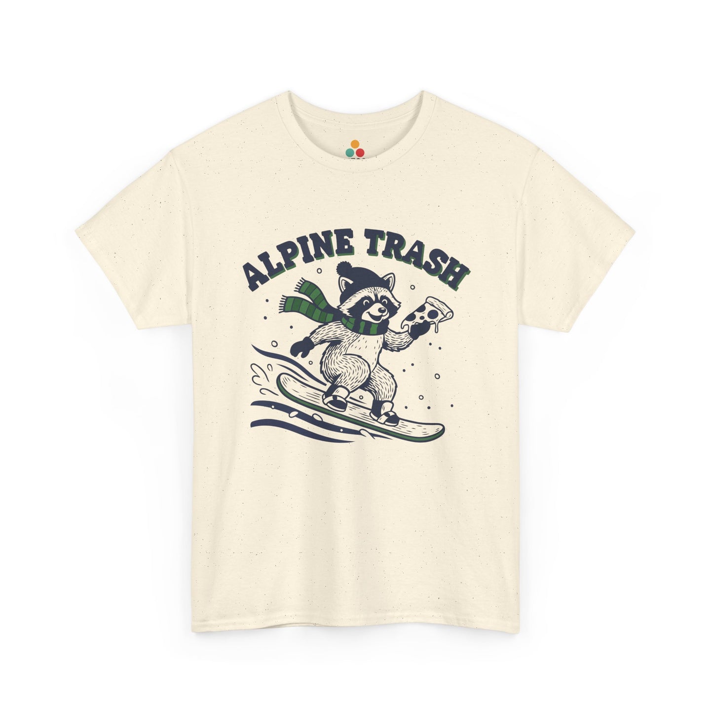 Alpine Trash Raccoon Snowboarding T‑Shirt – Funny Trash Panda Pizza Lover Ski Resort Tee | TEEZOCA 