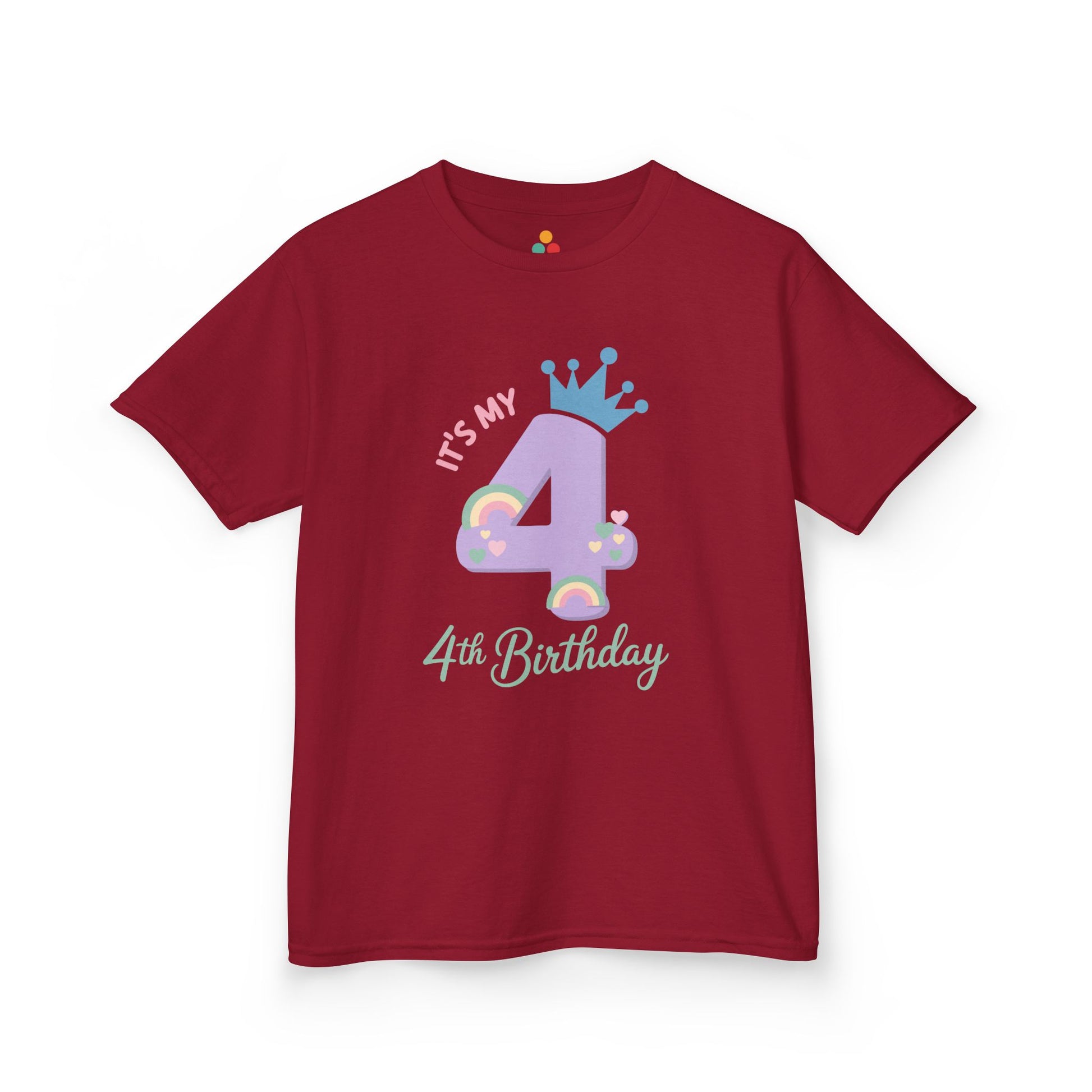 Red kids’ t‑shirt with lavender 4, teal crown, pastel rainbows and hearts, and “It’s My 4th Birthday” text, flat front view.
