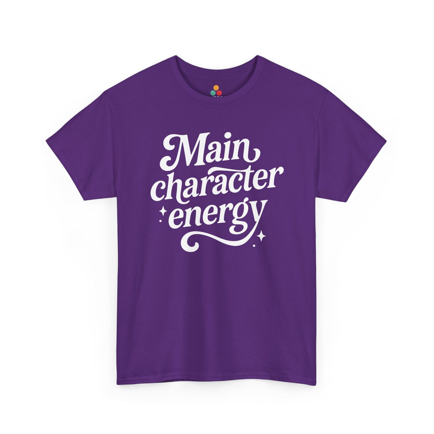 “Teezoca Main Character Energy shirt, bold white script confidence saying, purple tee, flat front display.”

