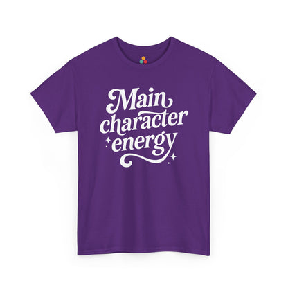 “Teezoca Main Character Energy shirt, bold white script confidence saying, purple tee, flat front display.”

