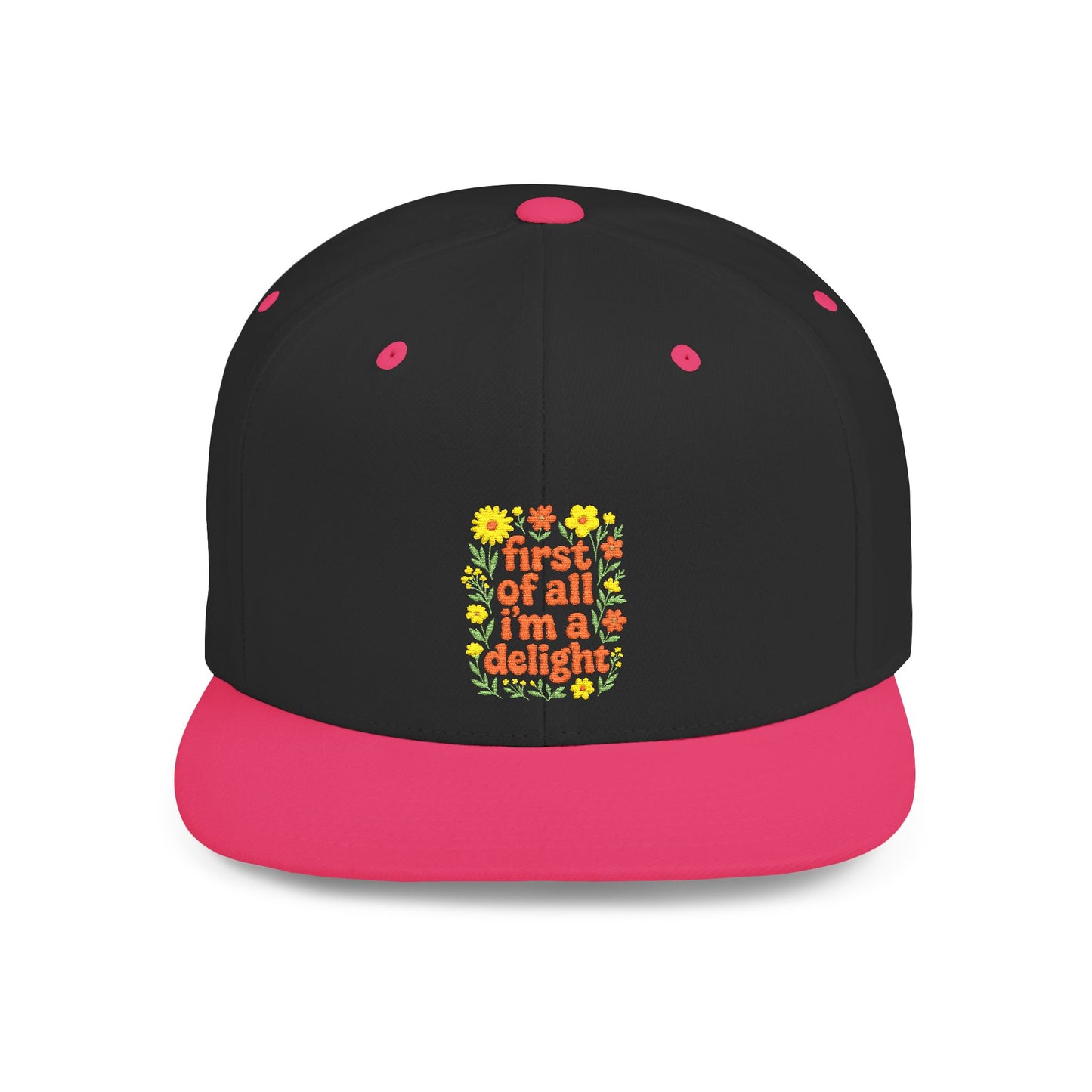 Black and pink cap with colorful floral design and text on a white background