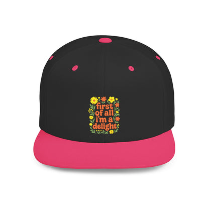 Black and pink cap with colorful floral design and text on a white background