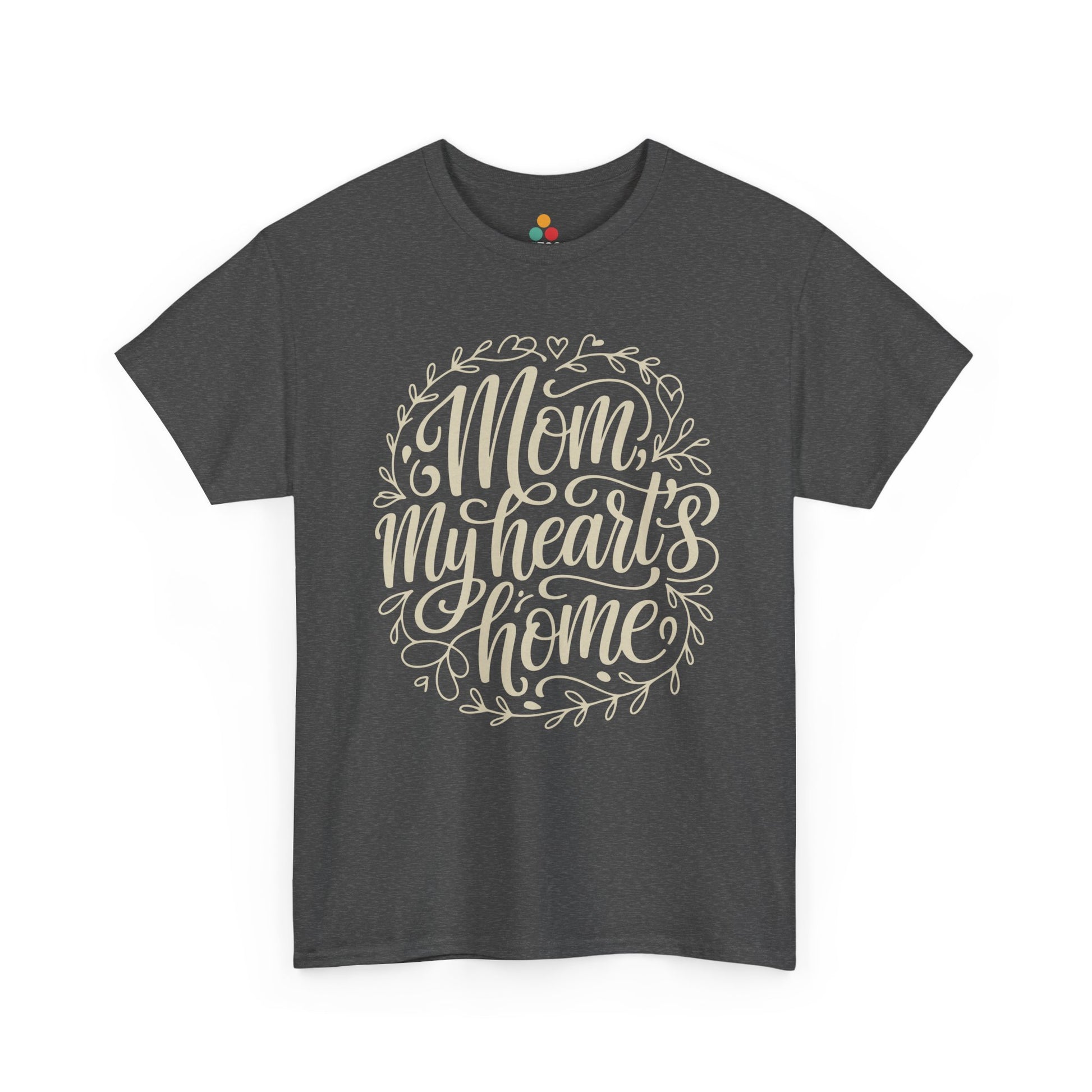 TEEZOCA dark gray "Mom My Heart's Home" family love graphic t‑shirt shown flat.