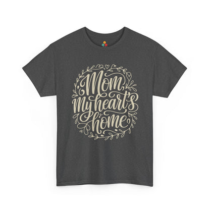 TEEZOCA dark gray "Mom My Heart's Home" family love graphic t‑shirt shown flat.