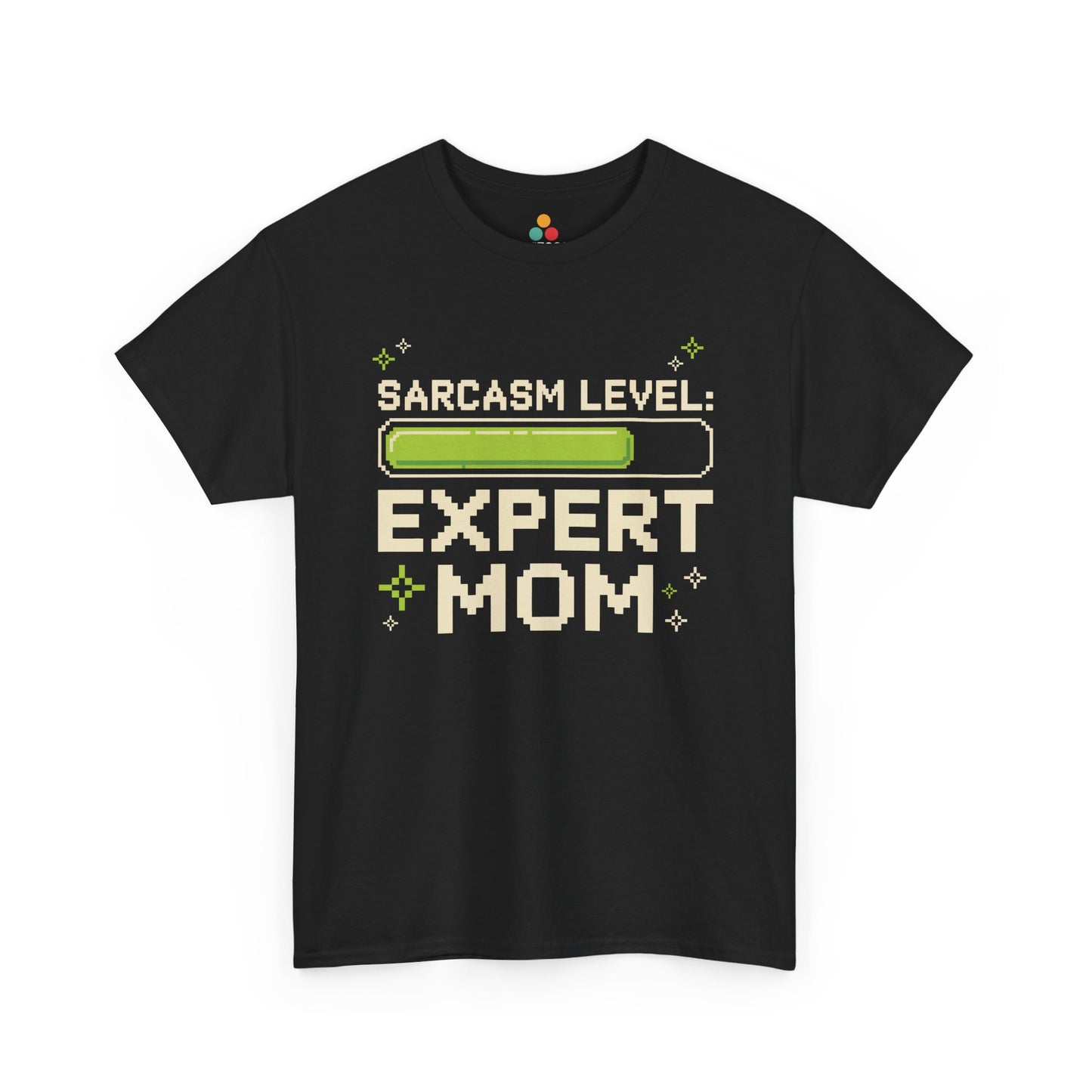 TEEZOCA black “Sarcasm Level: Expert Mom” pixel bar graphic t‑shirt shown flat.