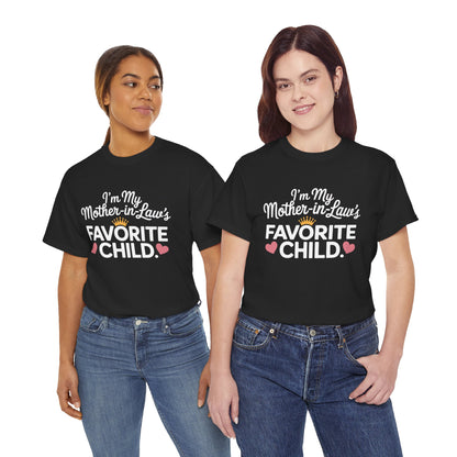 Two women wearing matching TEEZOCA “I’m My Mother‑in‑Law’s Favorite Child” cute graphic tees.