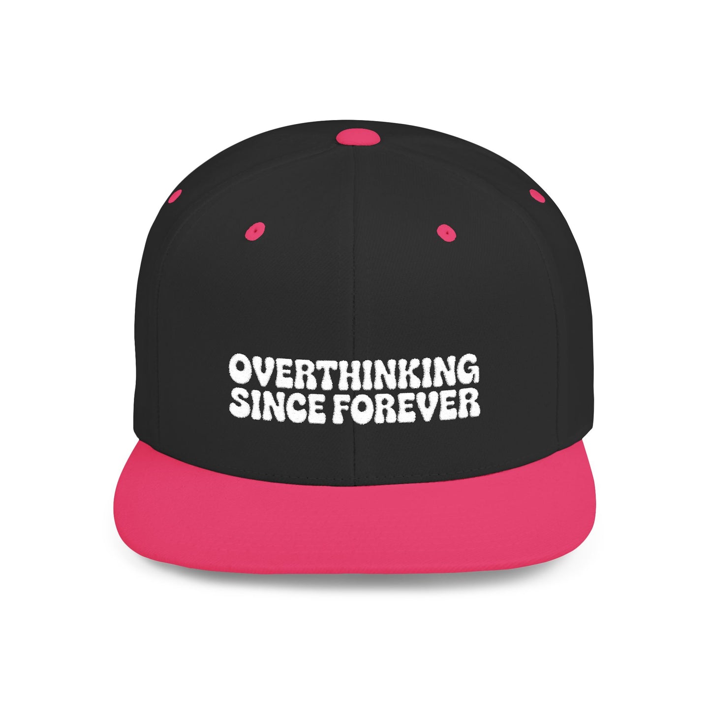 Black and pink cap with 'OVERTHINKING SINCE FOREVER' text on a white background