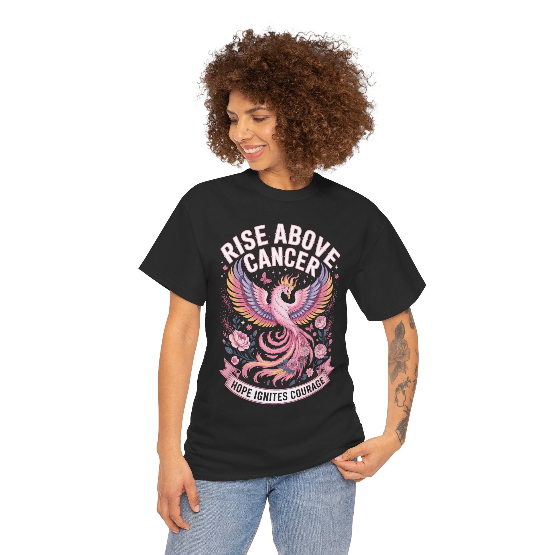 Rise Above Cancer Hope Ignites Courage Breast Cancer Awareness Unisex T-shirt | TEEZOCA 