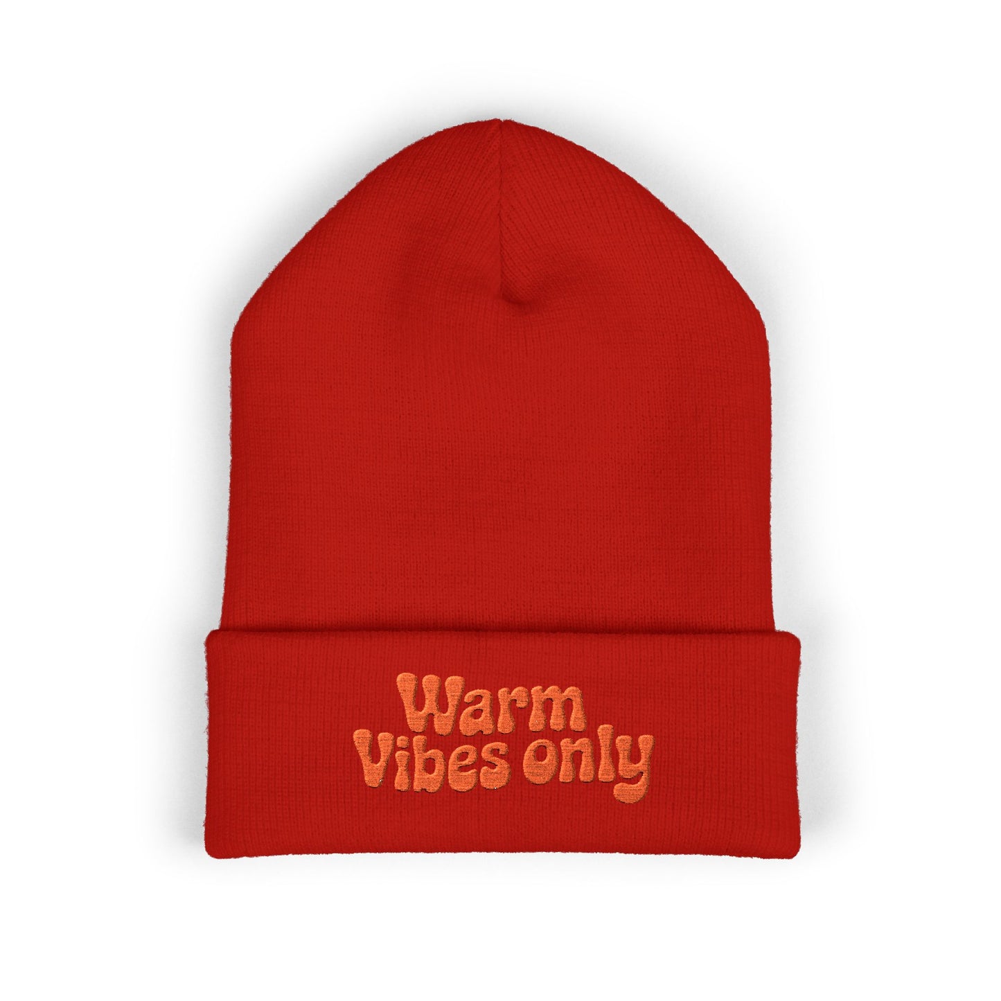 Red beanie with 'Warm Vibes only' text on a white background. Soft cuffed beanie featuring optimistic “Warm vibes only” embroidery.