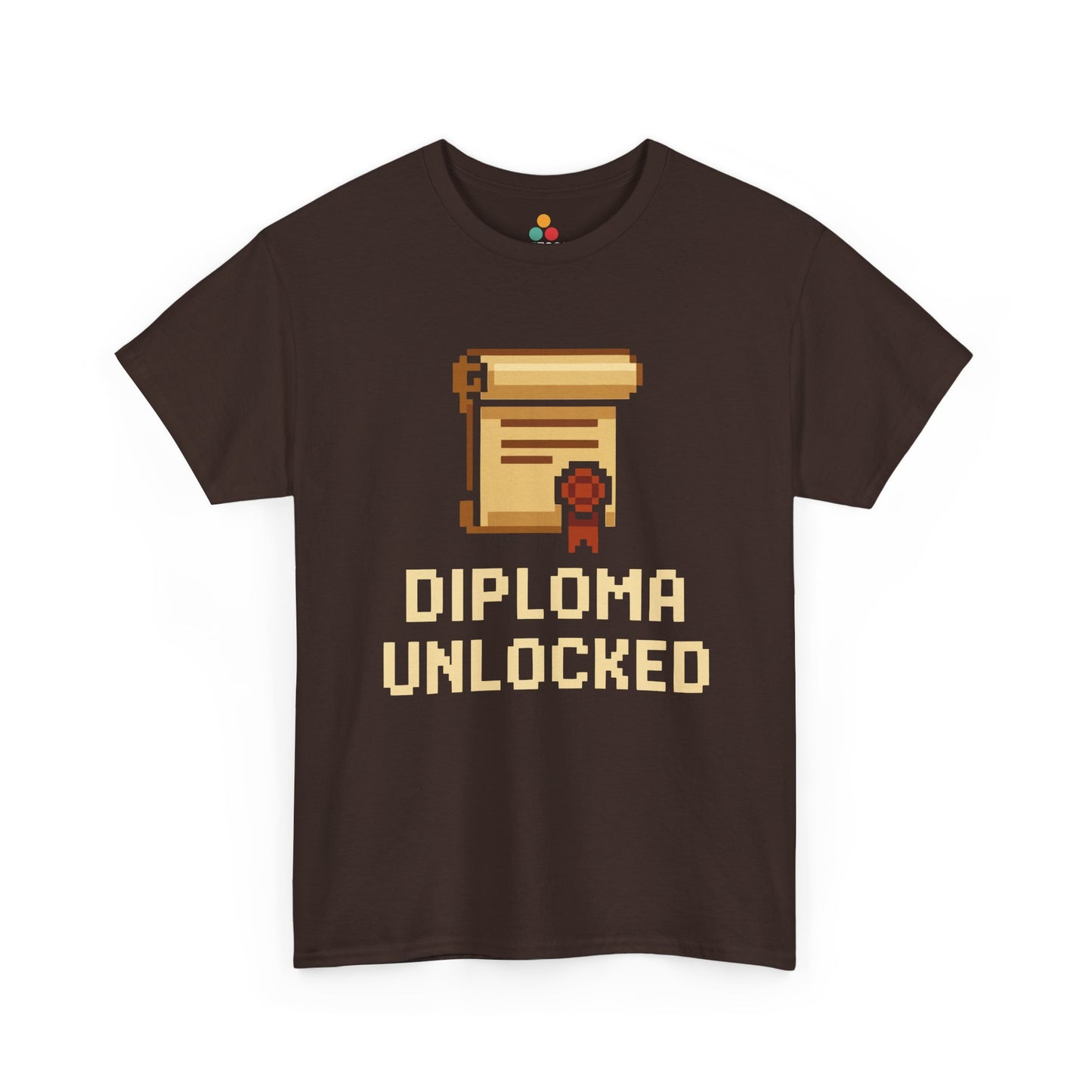 Brown t-shirt with pixel art design of a diploma and text 'Diploma Unlocked' on a white background