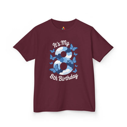 “Maroon ‘It’s My 8th Birthday’ shirt with blue cloud 8 and butterflies, kids unisex tee, flat display.”

