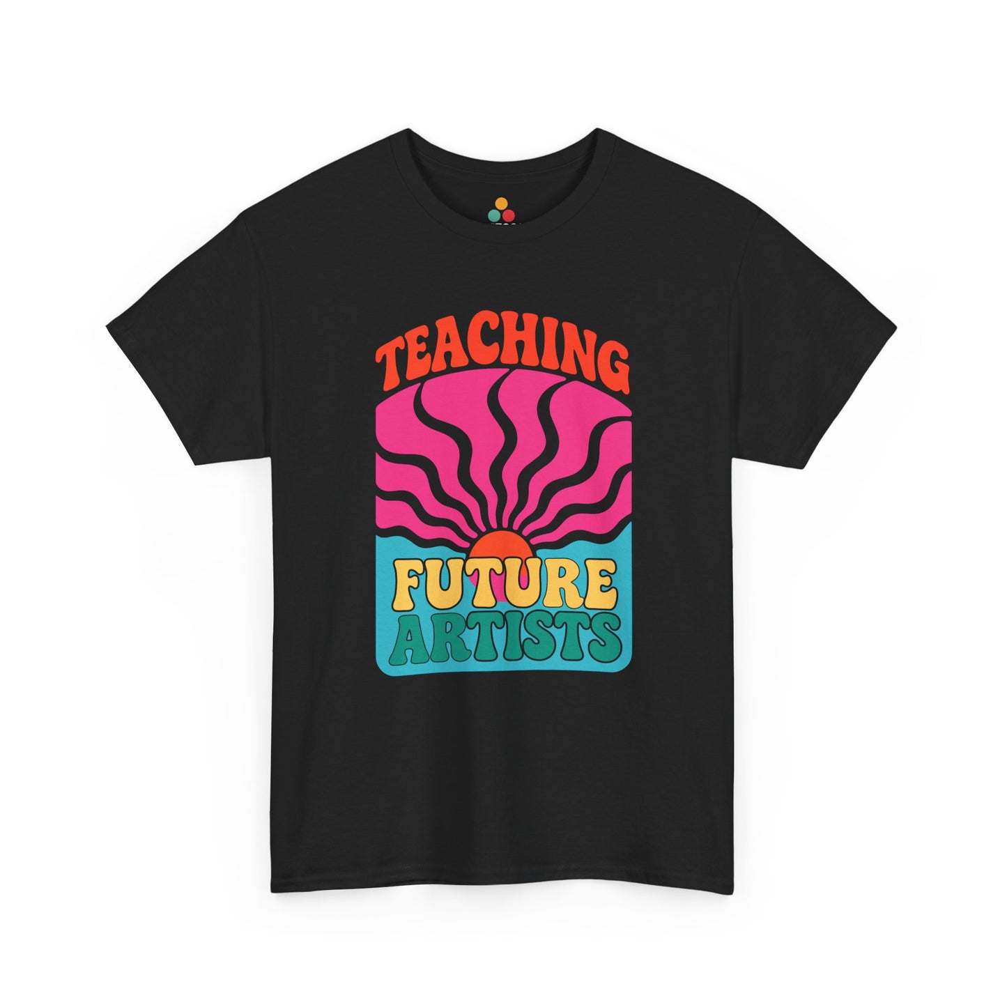 "Black unisex 'Teaching Future Artists' tee with vibrant palette graphic, flat display."

