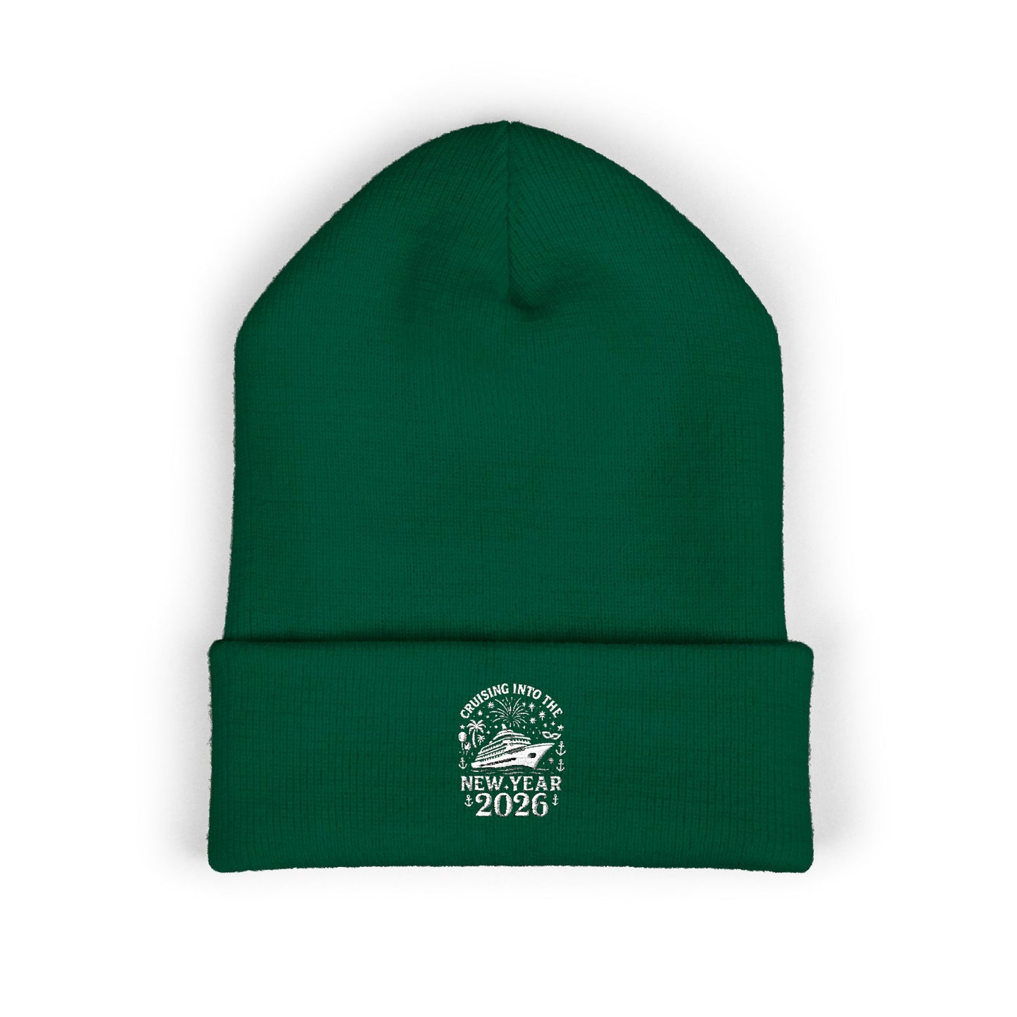 Green beanie with New Year 2026 design on a white background