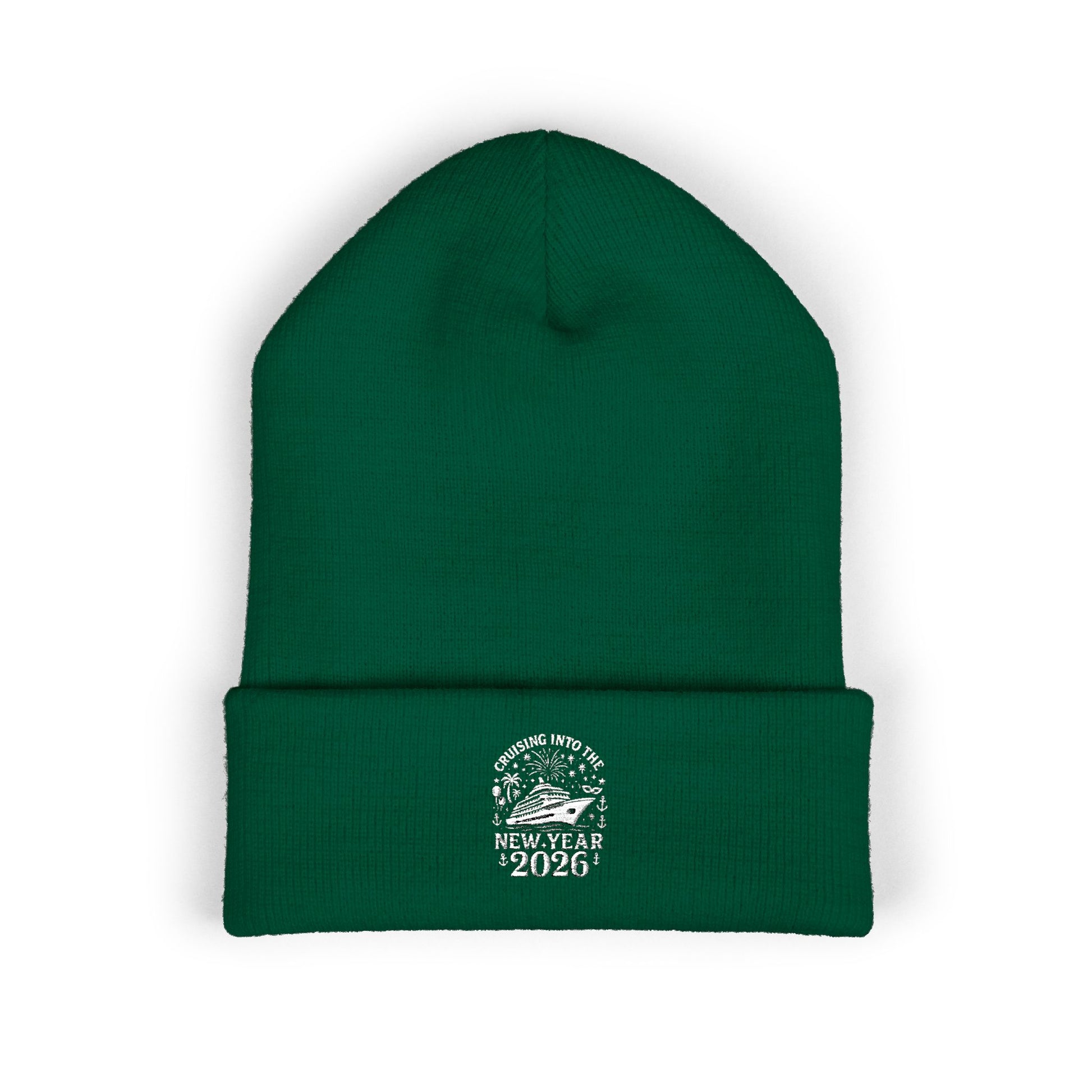 Green beanie with New Year 2026 design on a white background