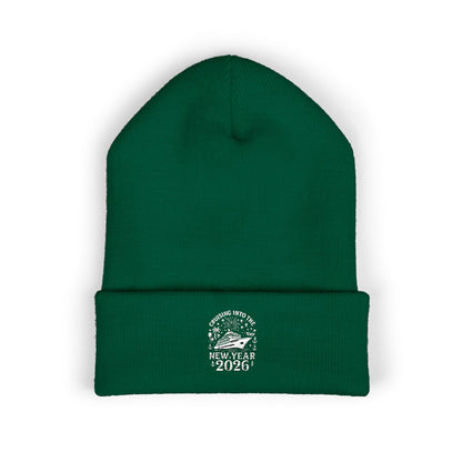 Green beanie with New Year 2026 design on a white background