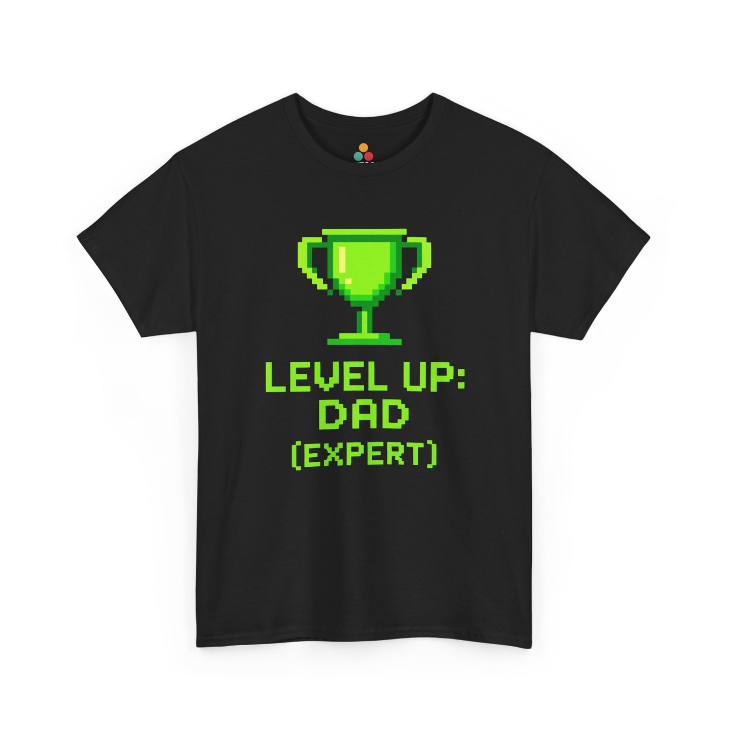 “Black gamer dad shirts featuring green pixel trophy and ‘Level Up: Dad (Expert)’ text, flat front view.”

