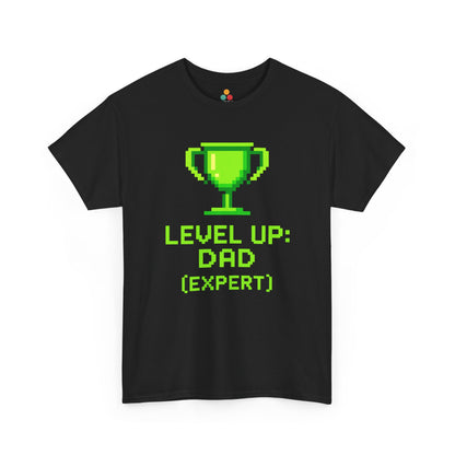 “Black gamer dad shirts featuring green pixel trophy and ‘Level Up: Dad (Expert)’ text, flat front view.”

