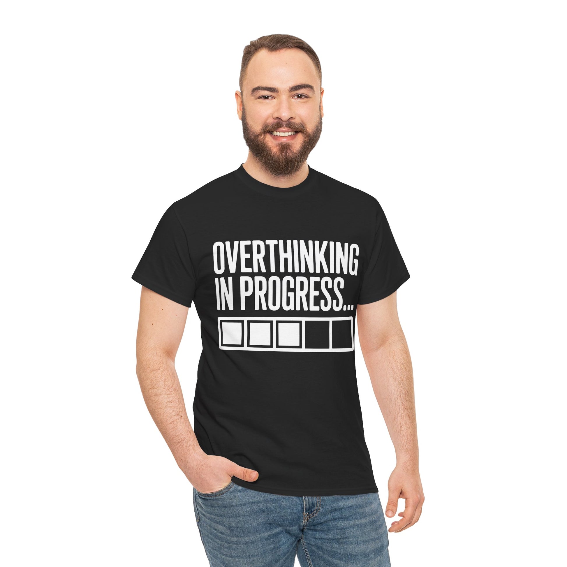 Man wearing a black t-shirt with 'Overthinking in Progress...' text on a white background | TEEZOCA