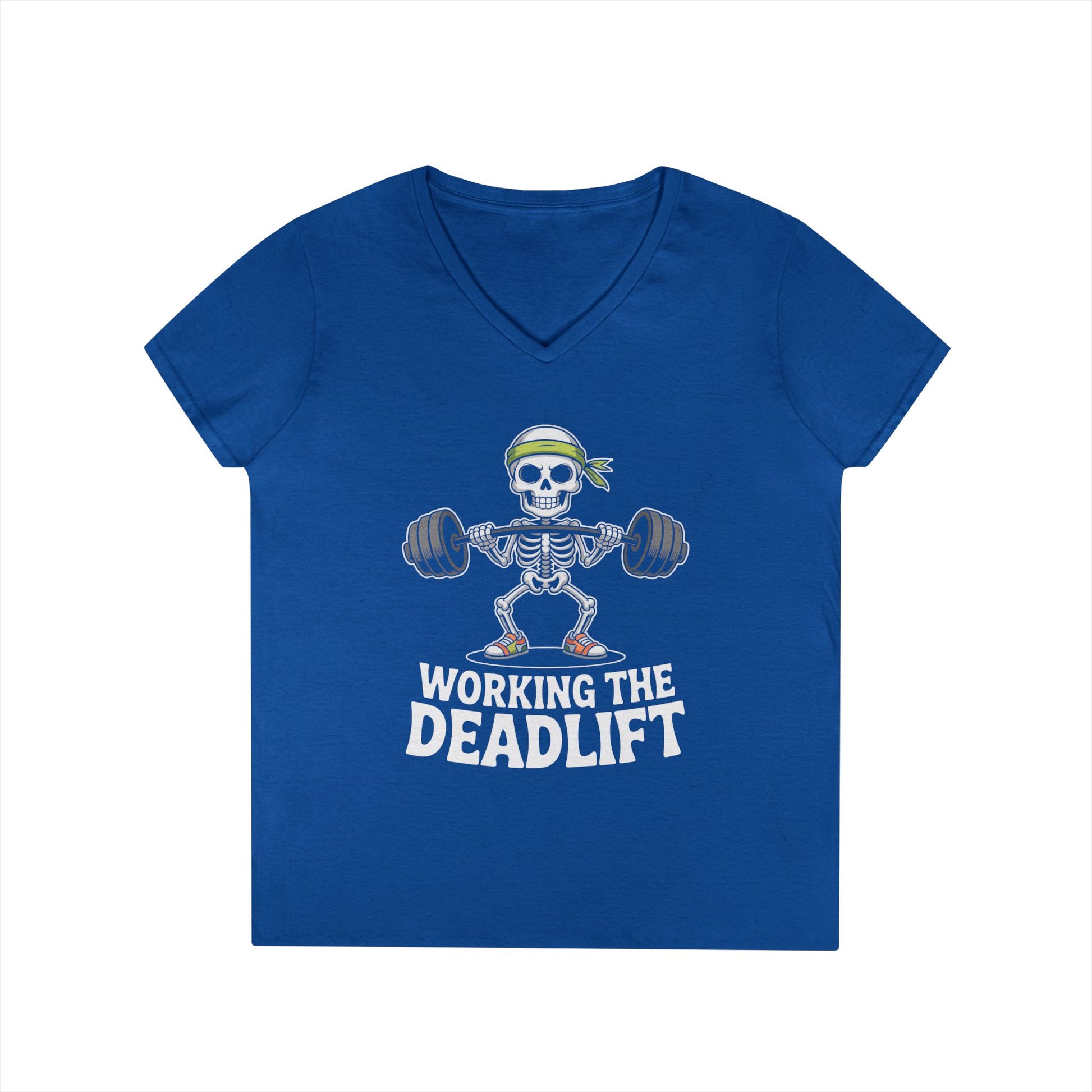 Working The Deadlift Skeleton Gym Humor V-Neck T-Shirt for Women | TEEZOCA 