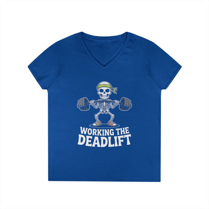 Working The Deadlift Skeleton Gym Humor V-Neck T-Shirt for Women | TEEZOCA 