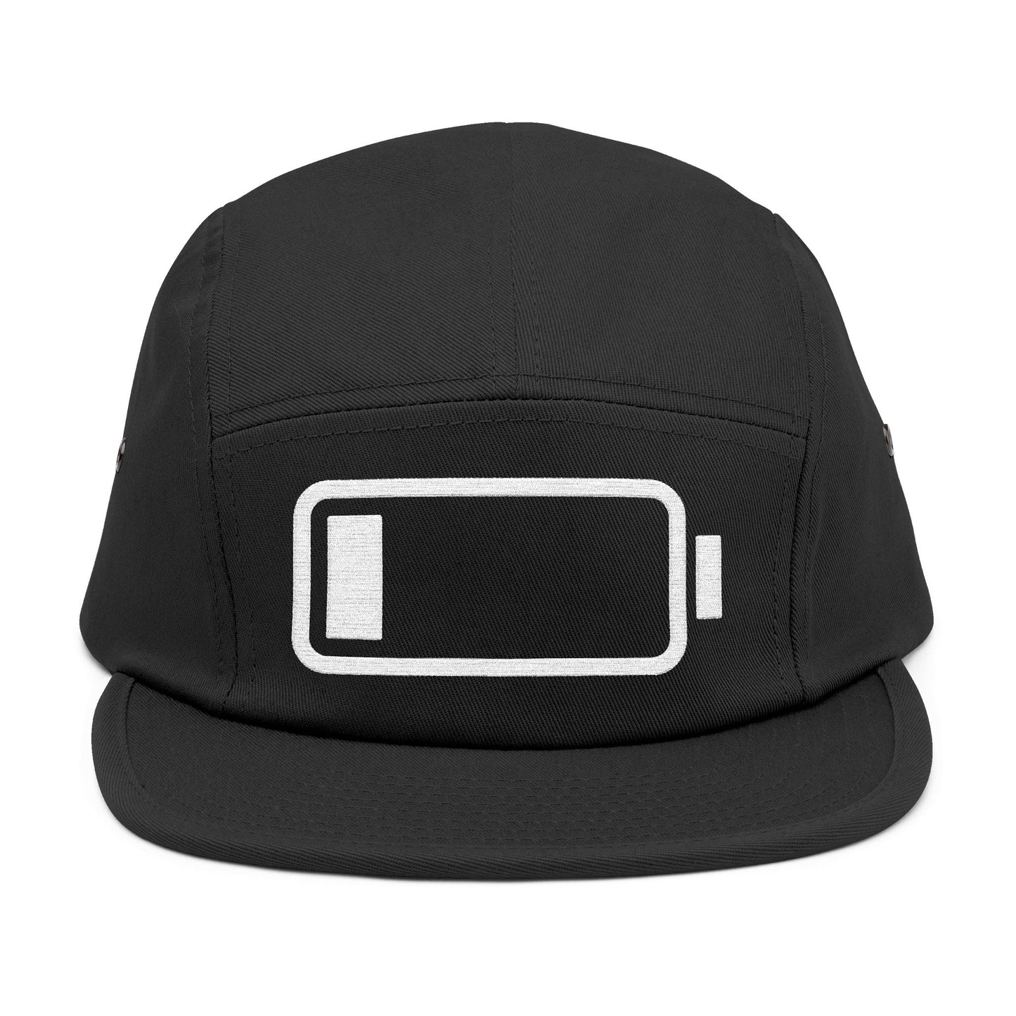 Black cap with a battery icon design on a white background. Minimal low battery icon embroidered on 5-panel cap. TEEZOCA