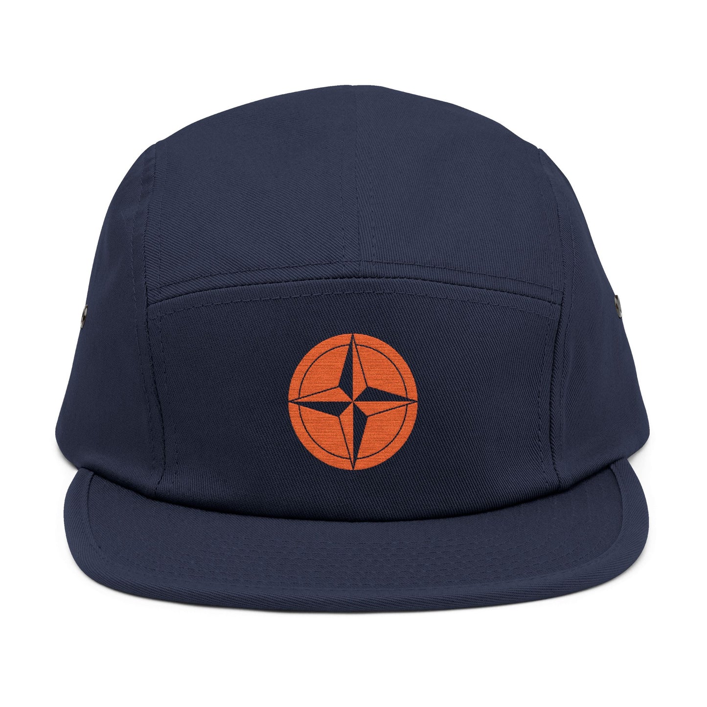 Navy blue cap with an orange circular logo on a white background. minimalist compass star icon embroidered design for 5-panel cap by TEEZOCA