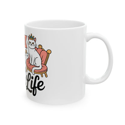 TEEZOCA funny cat mug showing I Work Hard So My Cat Can Have a Better Life text and royal cat artwork