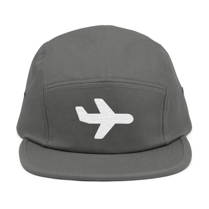 Gray cap with a white airplane icon on a white background. Minimal white airplane icon embroidered on black 5-panel cap. TEEZOCA