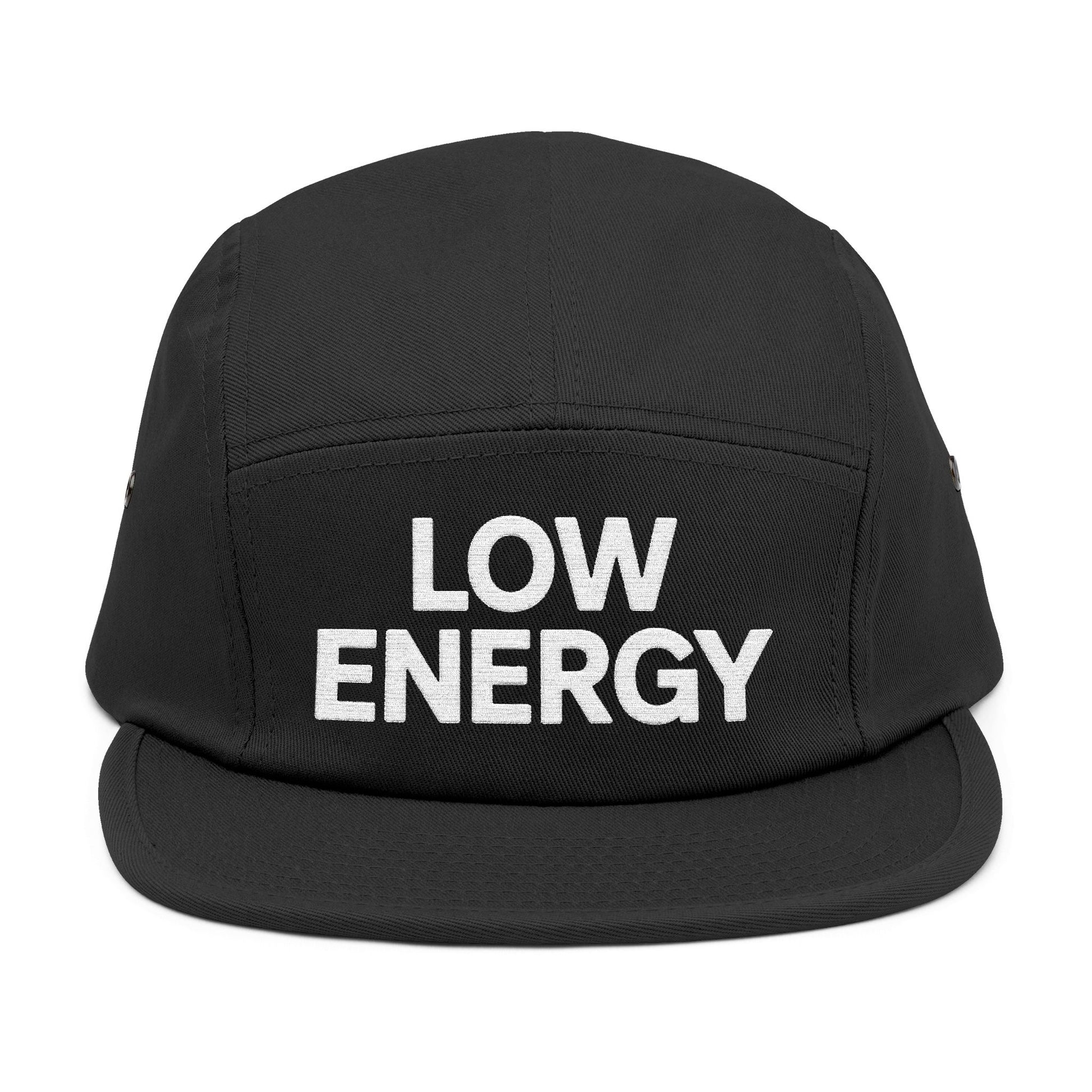 Black cap with 'LOW ENERGY' text on a white background. Low Energy embroidered text on five-panel cap minimalist design. TEEZOCA