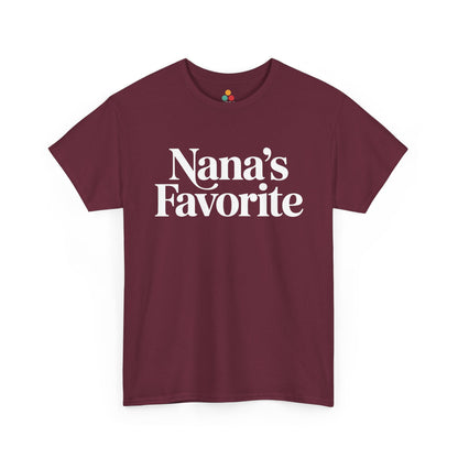 Maroon t‑shirt with bold white “Nana’s Favorite” lettering, flat view