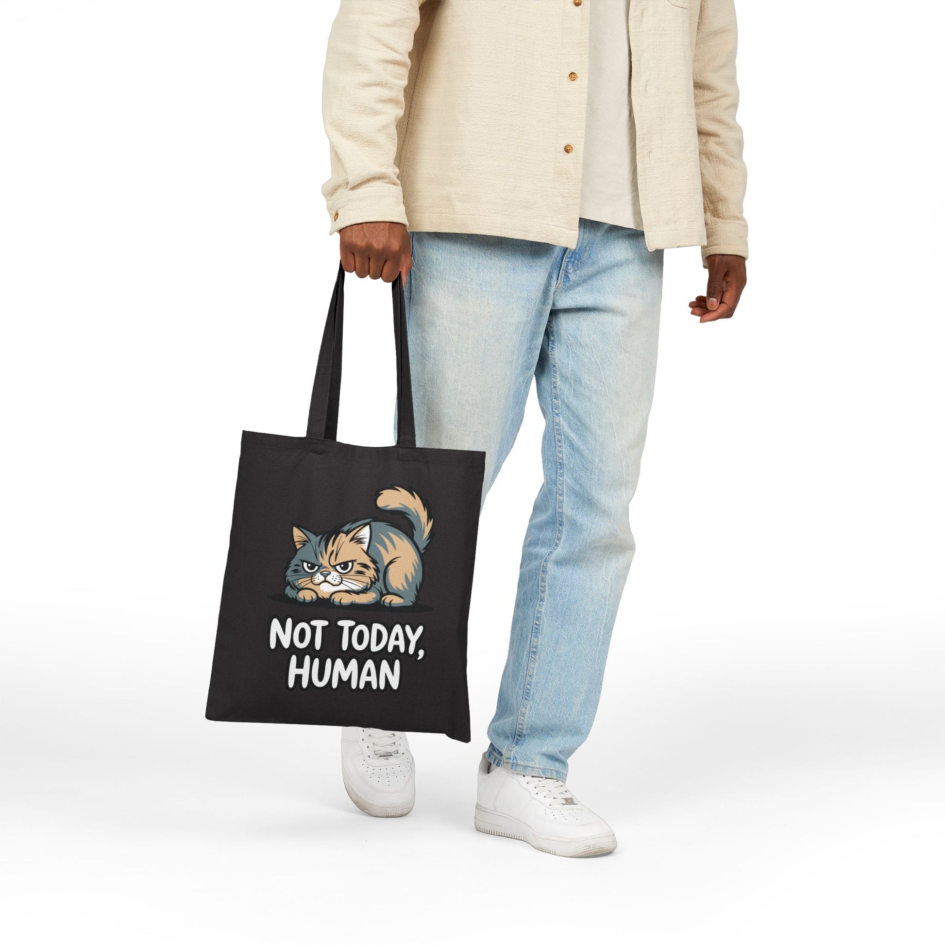 Grumpy cartoon cat artwork with Not Today Human quote on a TEEZOCA tote bag