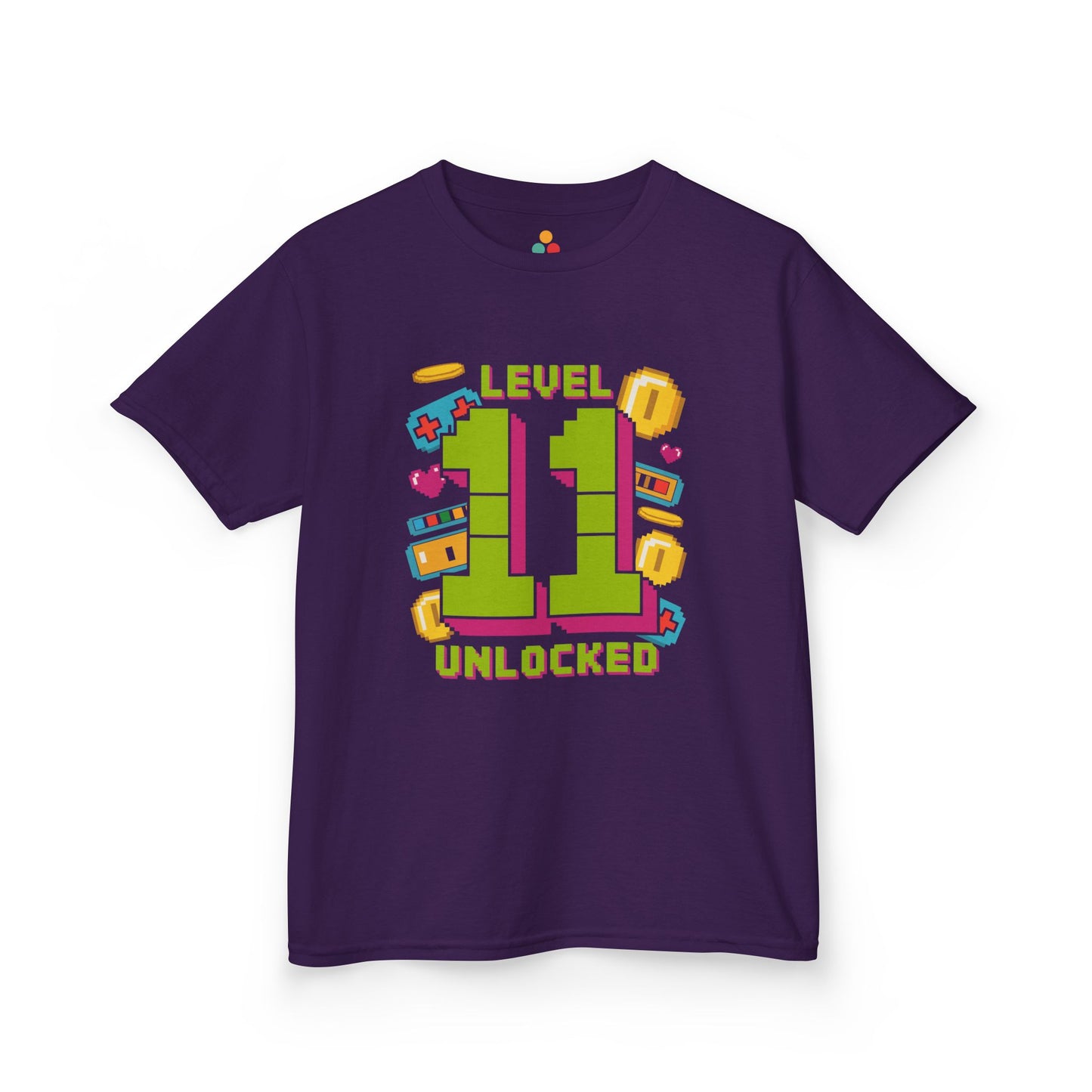 Purple kids’ t‑shirt with neon green pixel “11” surrounded by gaming icons and “Level 11 Unlocked” text, flat front view.