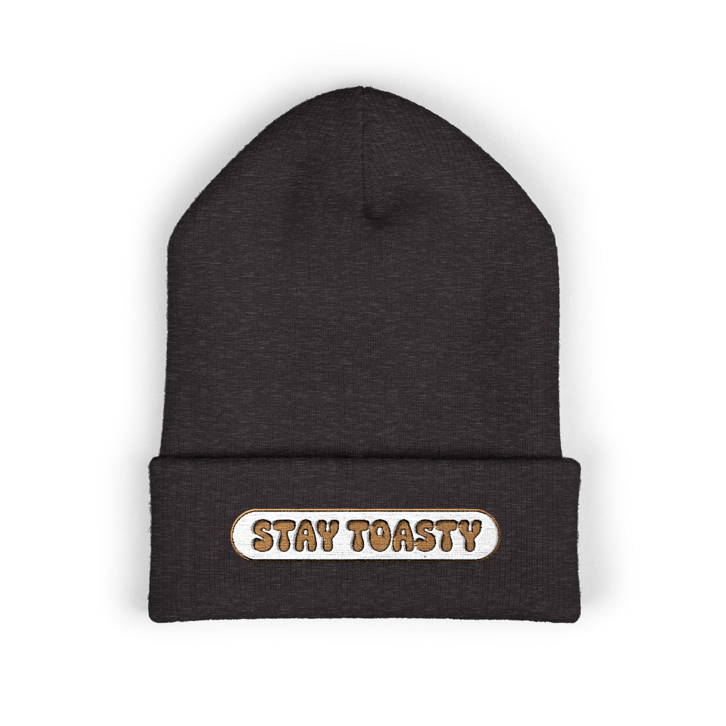 Black beanie with 'Stay Toasty' text on a white background
