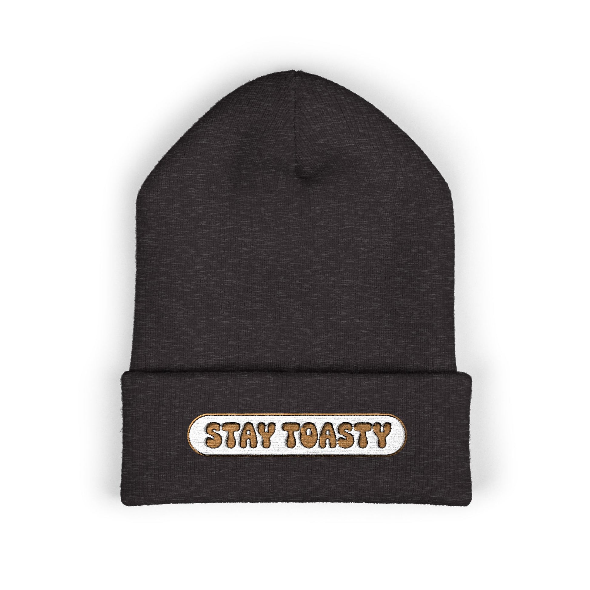 Black beanie with 'Stay Toasty' text on a white background
