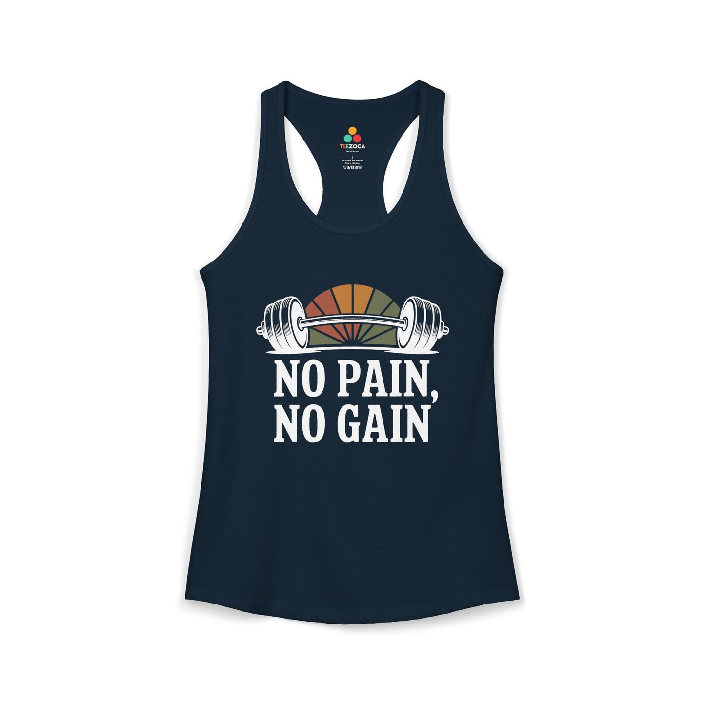 TEEZOCA women’s gym tank top with “No Pain No Gain” barbell fitness design
