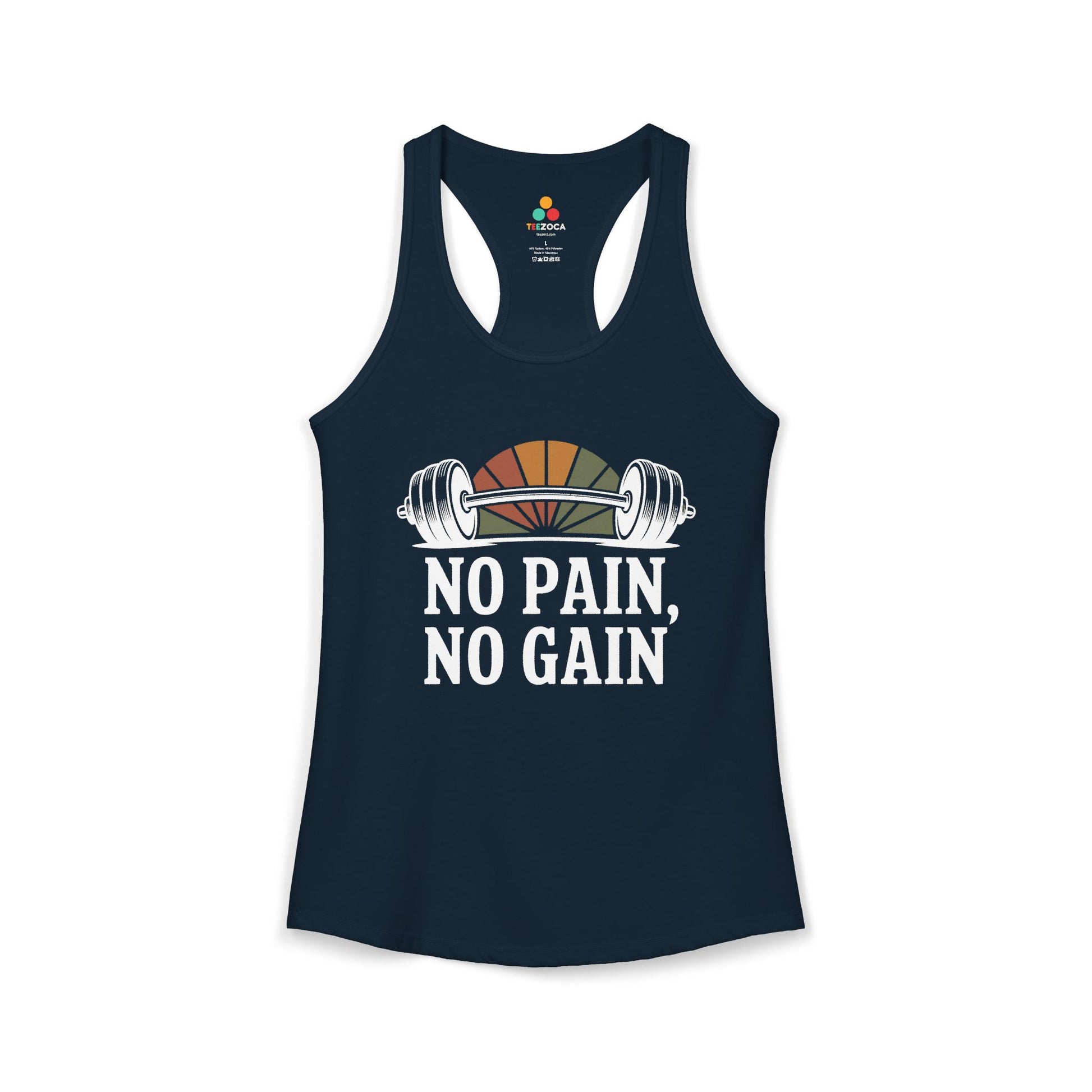 TEEZOCA women’s gym tank top with “No Pain No Gain” barbell fitness design