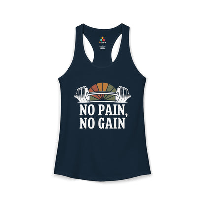 TEEZOCA women’s gym tank top with “No Pain No Gain” barbell fitness design
